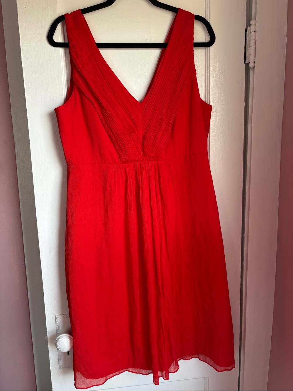 J.Crew Louisa Dress 100% Silk Chiffon Red Pleated V-Neck Midi Size 14